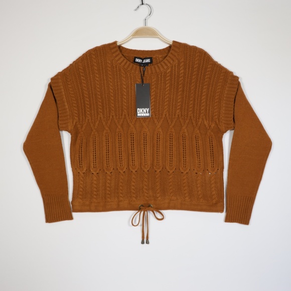 DKNY Jeans Women's Crew Neck Drawstring Hem Cropped Knit Sweater Brown Size M - Picture 1 of 10